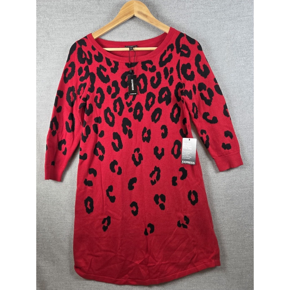 Express Sweater Mini Dress S Red Black Animal Print Long Sleeve Vamp Boho NEW
